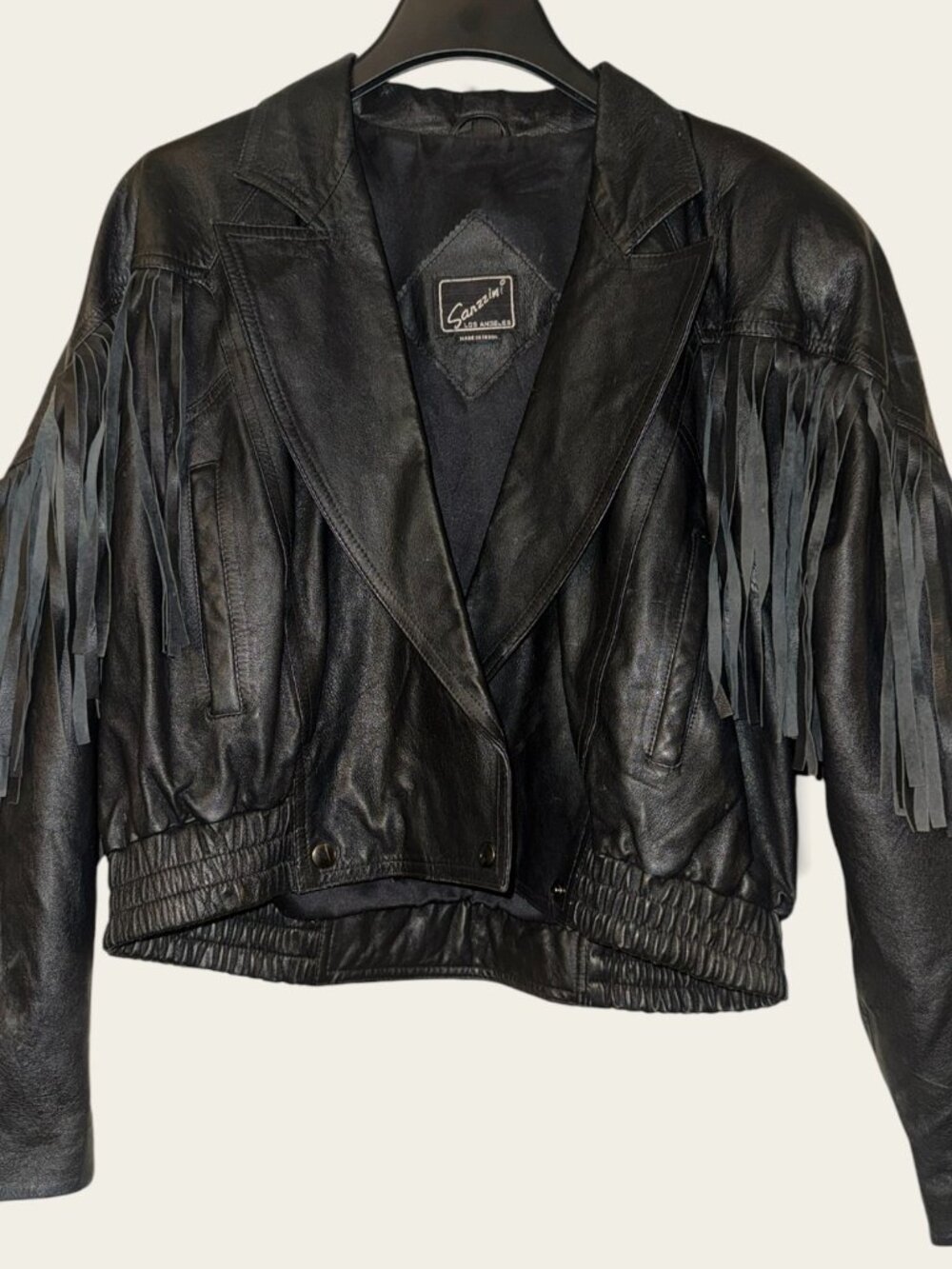 90's Sanzzini 100% Leather Jacket Large Black Fringe Western Biker Snaps EUC